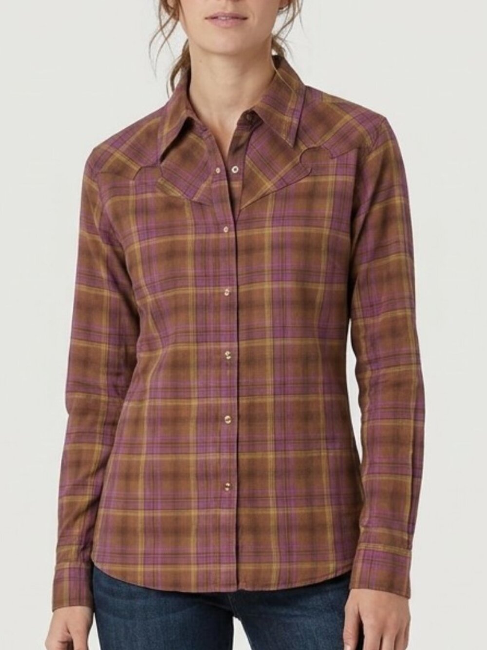 Wrangler Plaid Western Pearl Snap Long Sleeve Shirt Purple Brown S